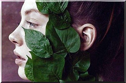 A woman's face is covered with plant leaves and apathy.