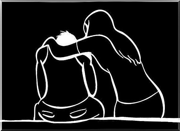 Black and white drawing of a woman hugging another person