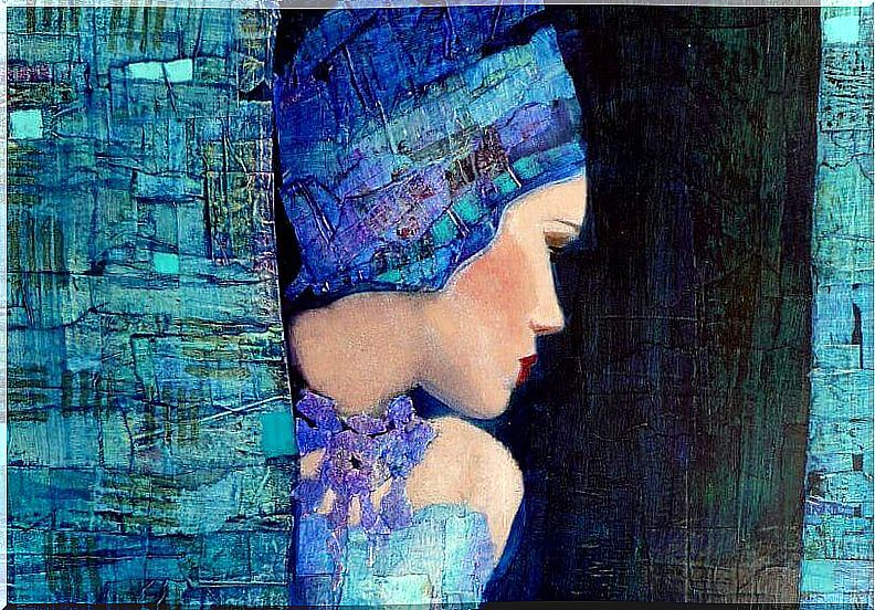 Woman wrapped in blue