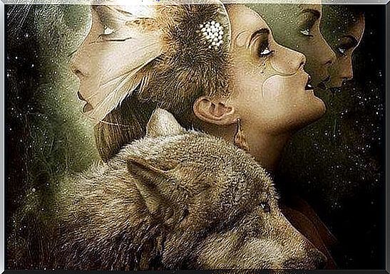 Wolf and faces of women