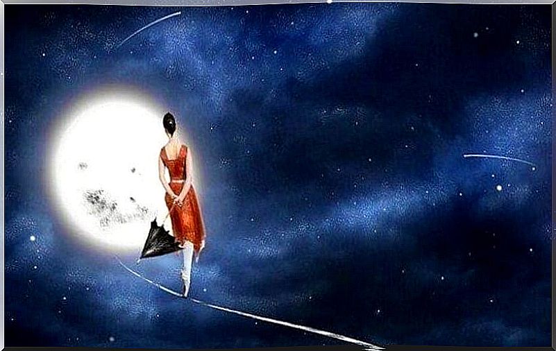 Woman dancing on a rope in front of the moon