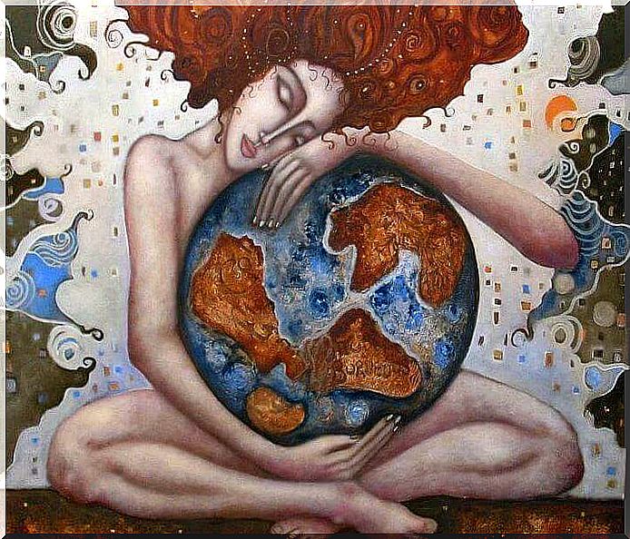 Woman hugs the world