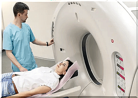 Woman in the diagnostic imaging examination room