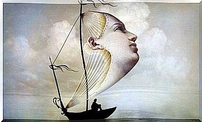 Drawing of a boat, the sail of which appears to consist of a face