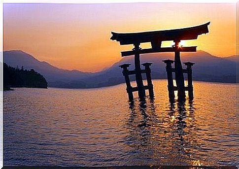 Japanese architecture in a lake