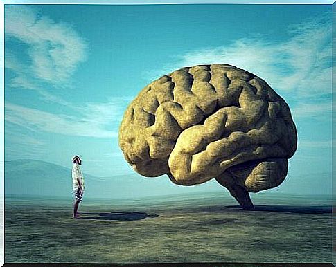 A man stands and stares at his huge brain.