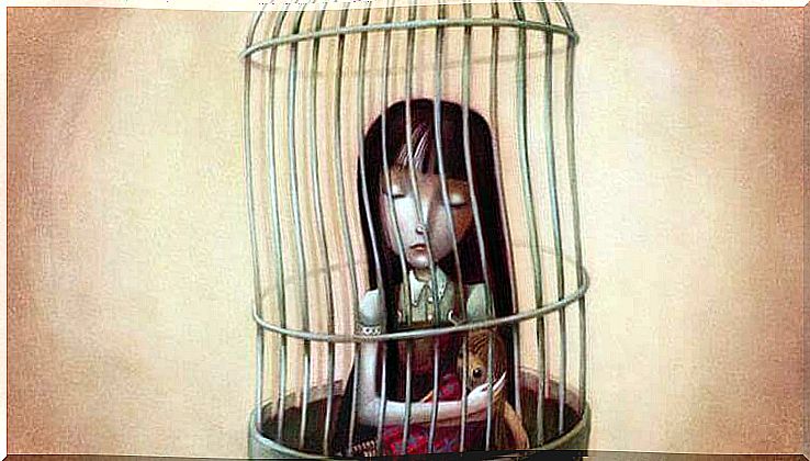 Girl sits in the cage