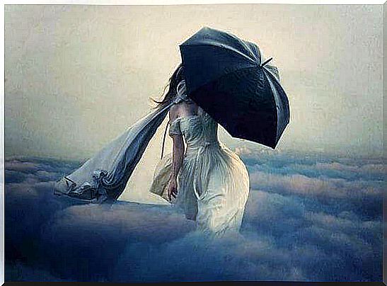 Woman with umbrella walks over cloud bank.